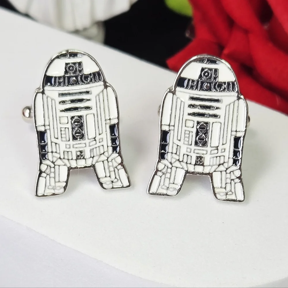 R2-D2 Robot Cufflinks White Enamel Sci-Fi Droid French Cuff Formal Star Wars Fan